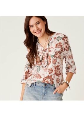 Carve Designs Dylan Organic Cotton Gauze crinkle Floral Blouse Cream rust Sz XL